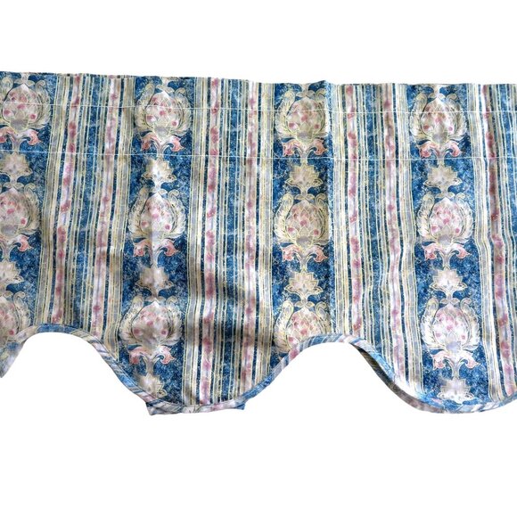 New Vintage JCPenney Valance Curtain Scalloped Blue Floral Stripe Pattern USA - Picture 2 of 11